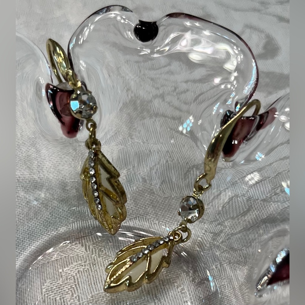 Gold Leaf Dangle Wire Earrings with Rhinestones in Filigree Setting - Picture 4 of 5